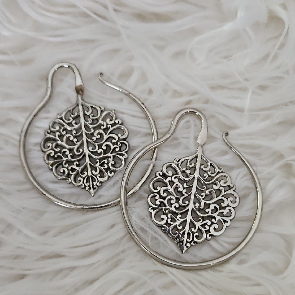 Silver Leaf Hoop Earrings